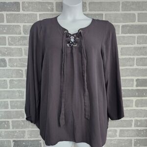 Torrid‎ Womens Gray Long Sleeve Lace Up V Neck Rayon Tunic Top Plus Size 2